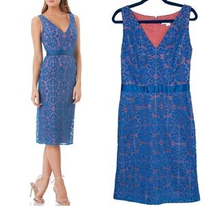 Kay Unger NY V-Neck Sleeveless Lace Overlay Sheath Dress Blue Pink Office Size 8